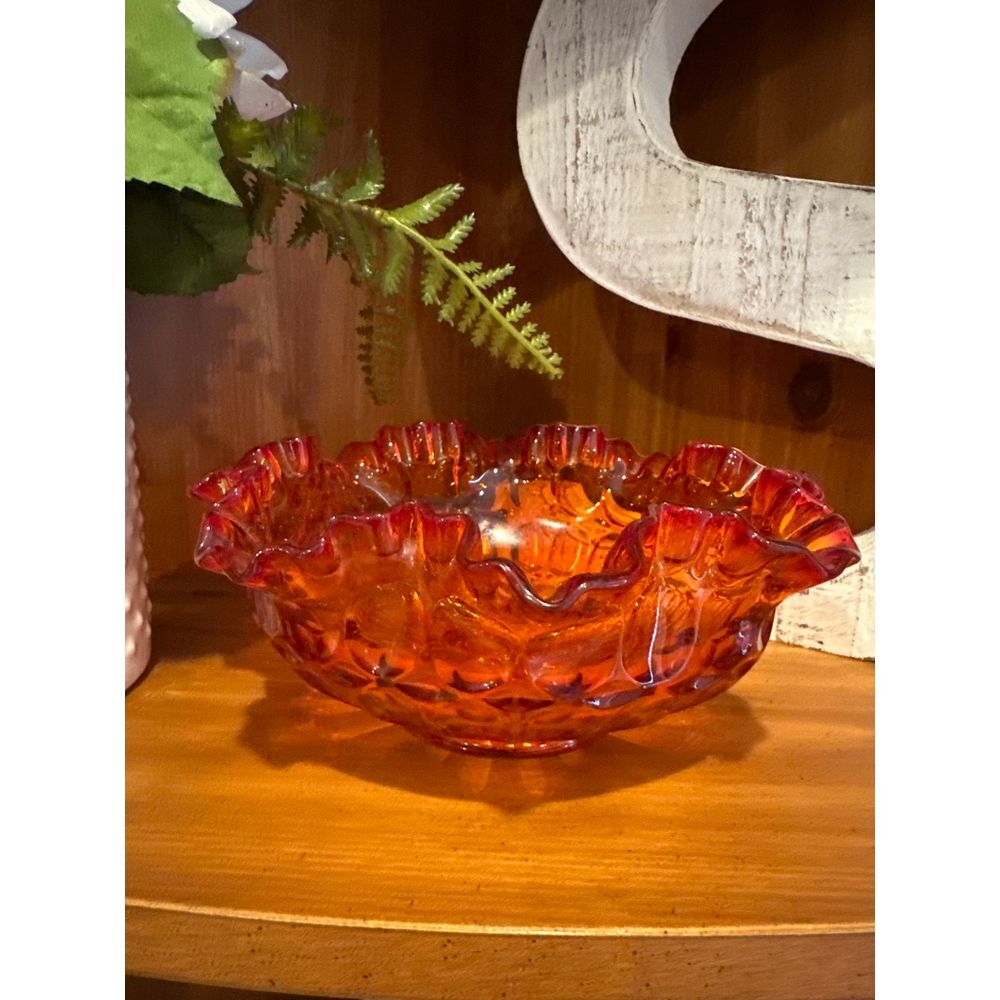 Fenton Glass Orange Candy Dish Footed Thumbprint‎ Pattern Ruffled Edge